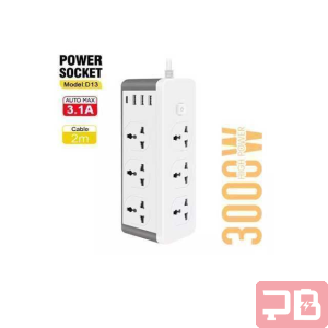 Regleta D13 con 6 Tomas y 3 Puertos USB - 3000W Blanca